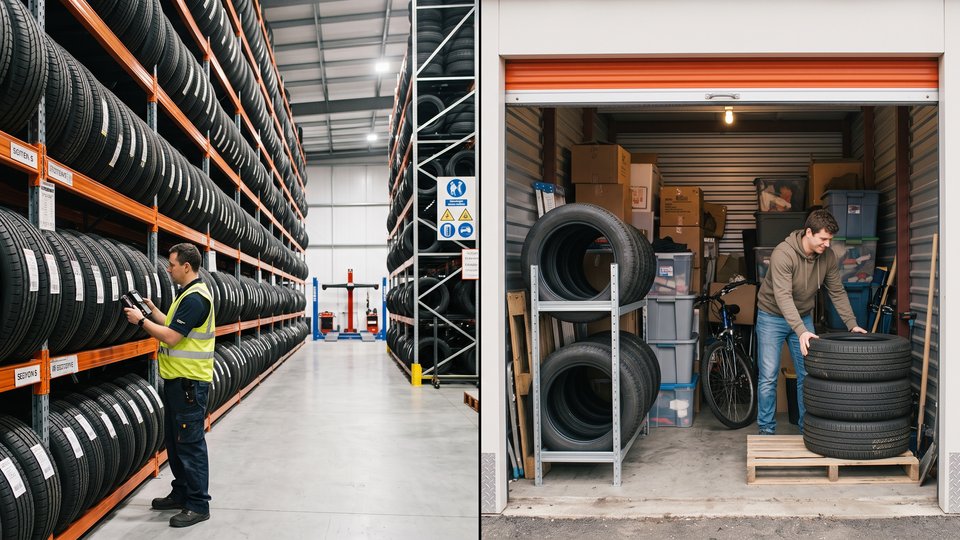 Split-screen photograph comparing industrial tire warehouse storage with small garage workspace. Left panel shows worker inspecting rows of labeled tires on tall orange racks; right panel shows mechanic handling stacked tires beside bicycles, tools, and boxes.