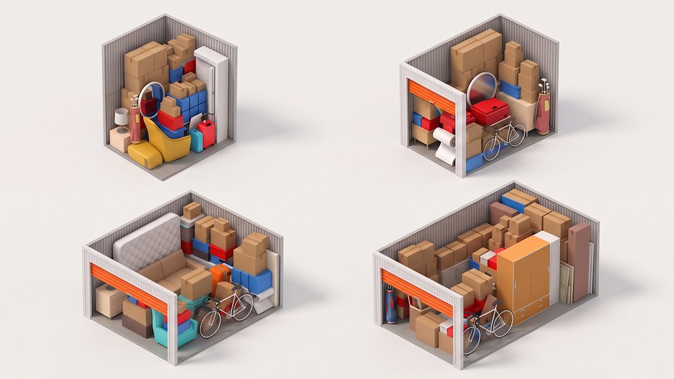 Four-panel isometric illustration showing progressive organization and filling of a storage unit. Brown cardboard boxes, bicycles, furniture, shelving, containers, and household items appear in increasingly crowded compartments across panels.