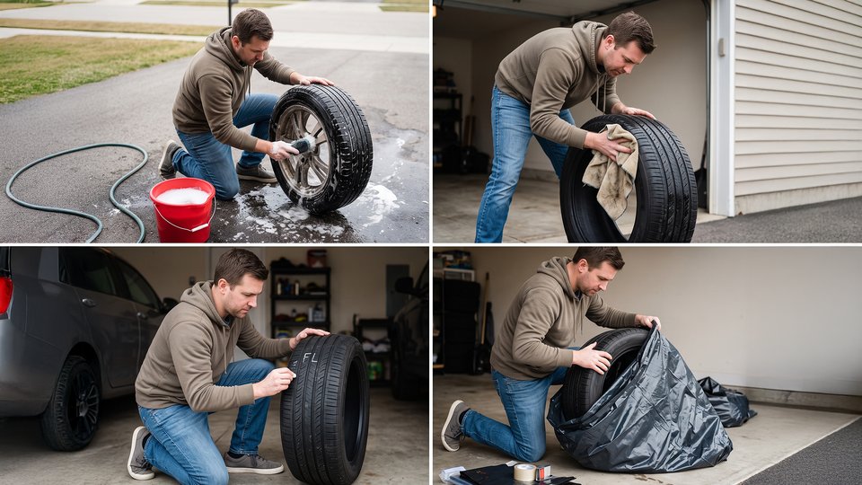 Four-panel instructional photograph shows a man cleaning, drying, inspecting, and storing a vehicle tire. Panels feature a hose and red bucket outdoors, cloth drying, tread inspection beside a car, and placement inside a black storage bag.