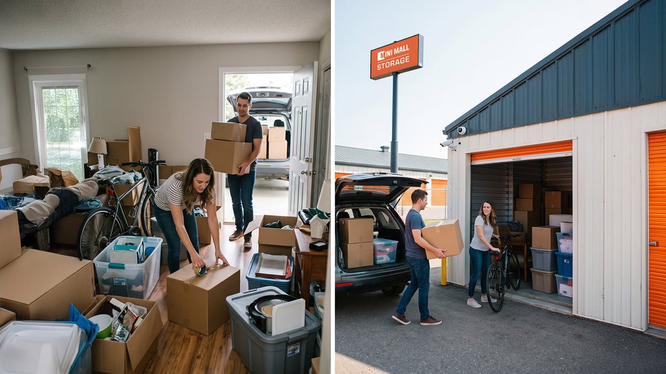Two-panel photograph shows people packing household belongings into cardboard boxes inside a cluttered home. Right panel shows movers carrying boxes into a blue-and-white storage facility marked “Best Mall Storage,” with bicycles, bins, and an open vehicle visible.